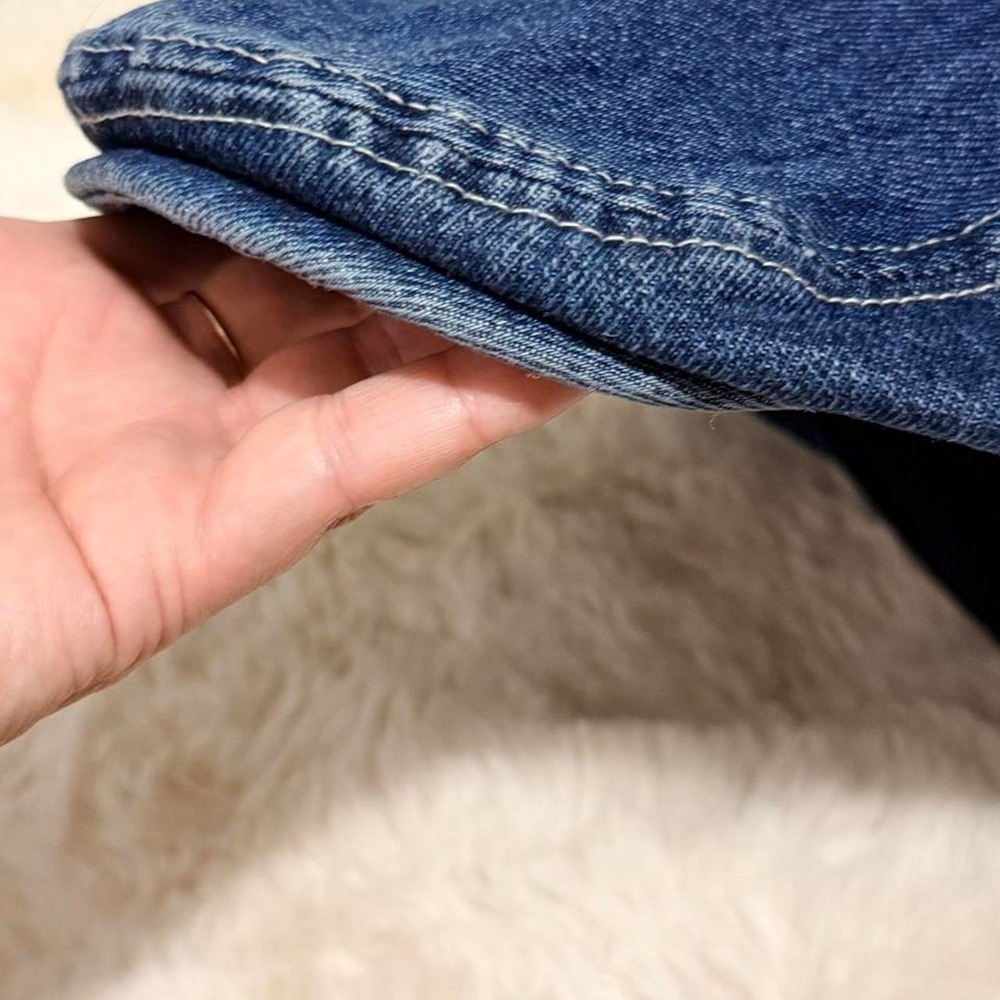 Cara Park denim newsboy/flat cap featuring an exterior "Nabe Nara" line tag.
